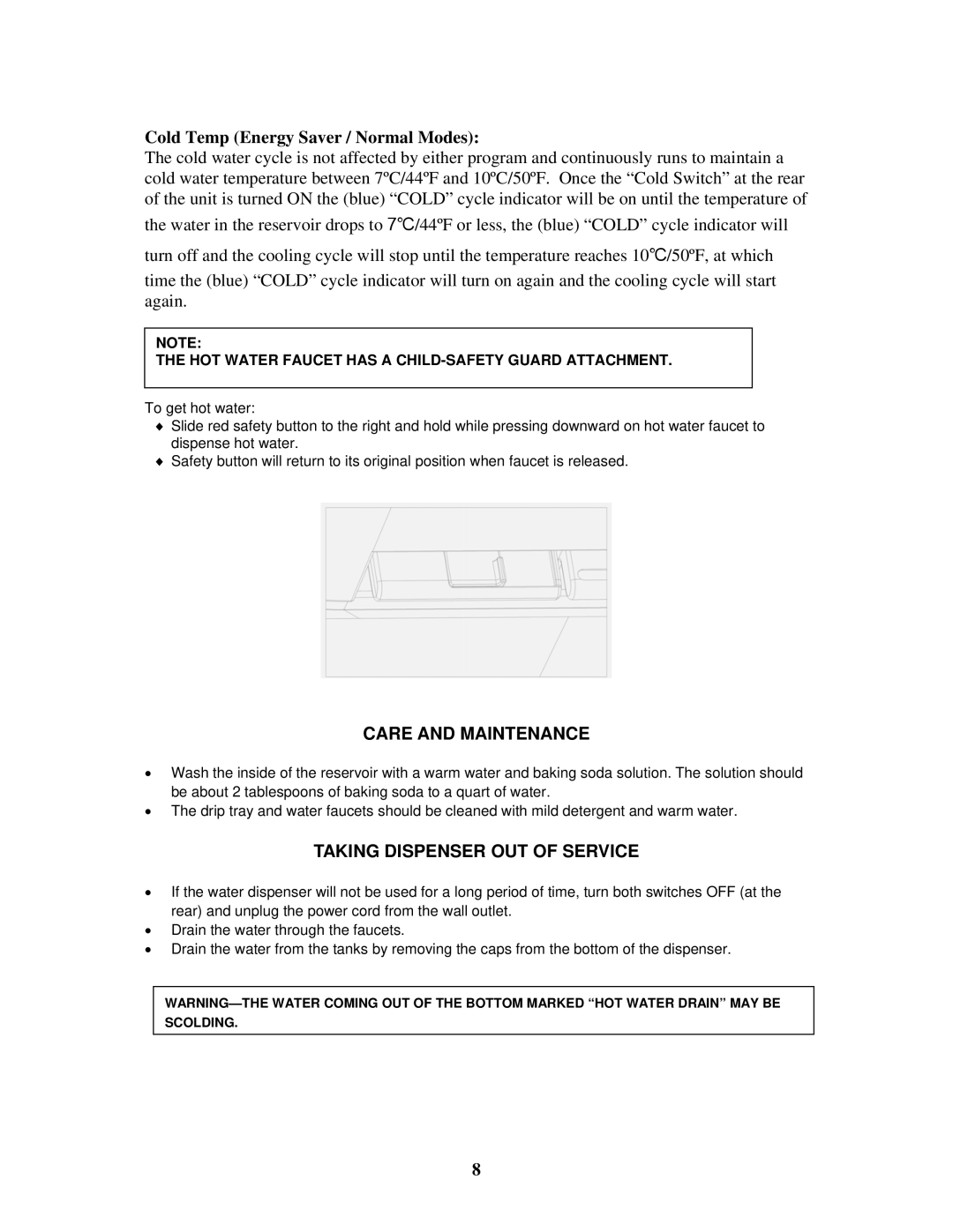 Avanti WD31EC Care and Maintenance, Taking Dispenser OUT of Service, HOT Water Faucet has a CHILD-SAFETY Guard Attachment 