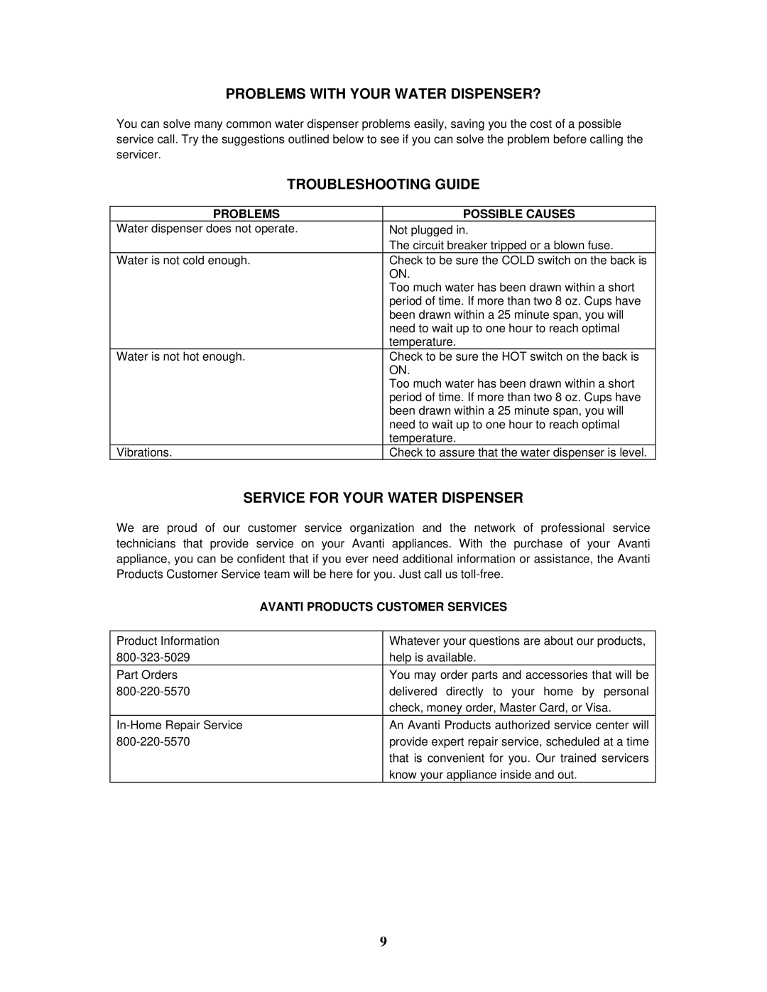 Avanti WD31EC Problems with Your Water DISPENSER?, Troubleshooting Guide, Service for Your Water Dispenser 