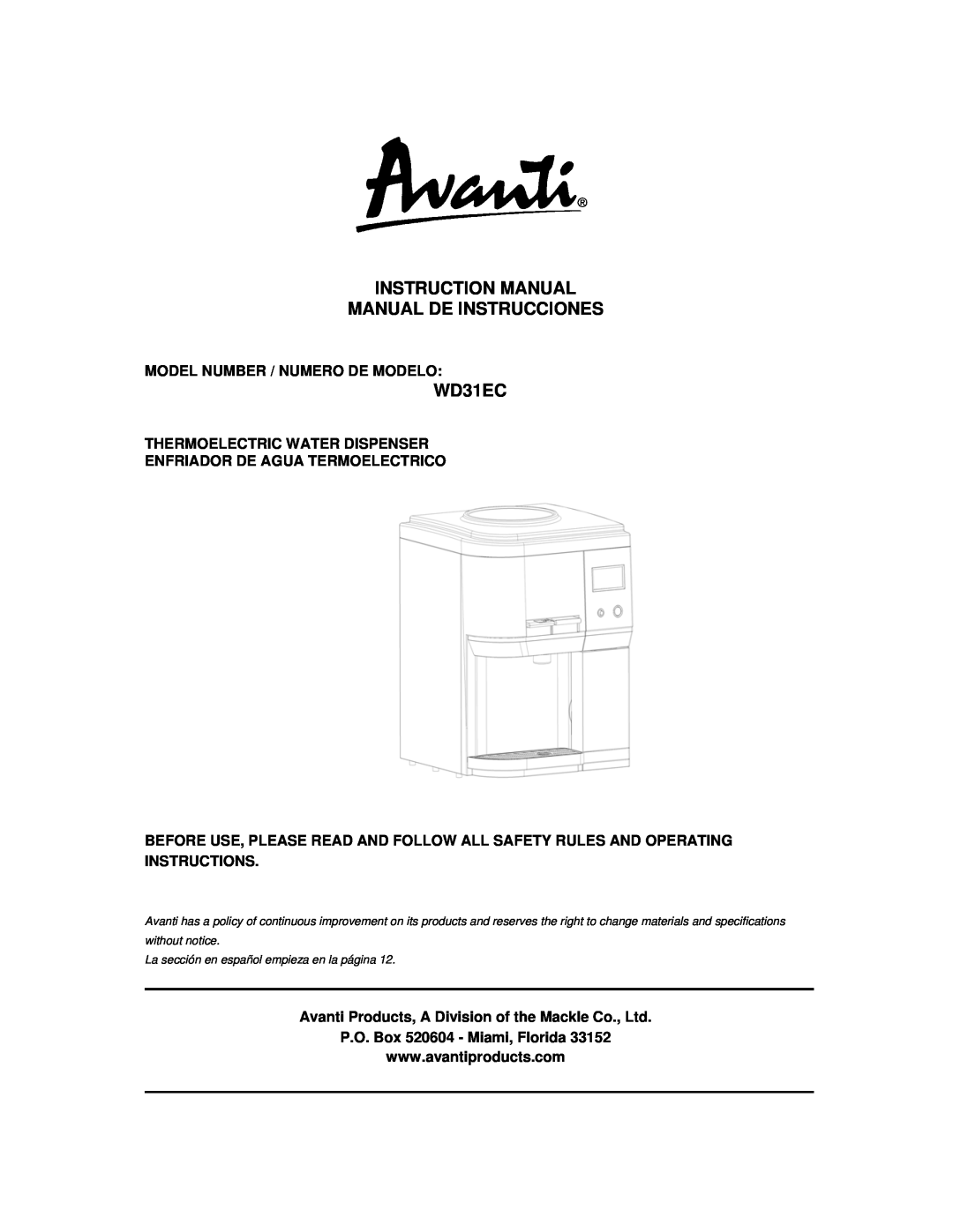 Avanti WD31EC instruction manual Model Number / Numero De Modelo, Thermoelectric Water Dispenser 