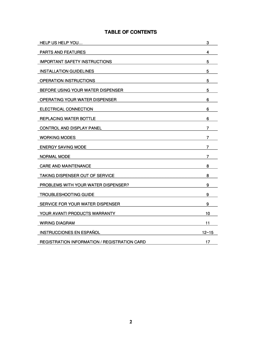 Avanti WD31EC instruction manual Table Of Contents 