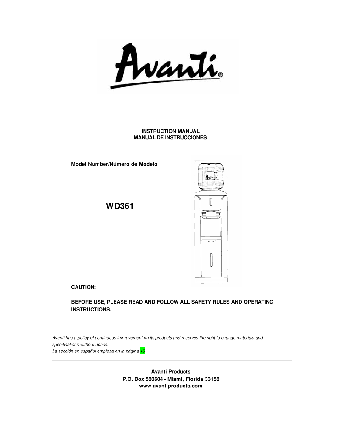 Avanti WD361 instruction manual Manual DE Instrucciones, Model Number/Número de Modelo 