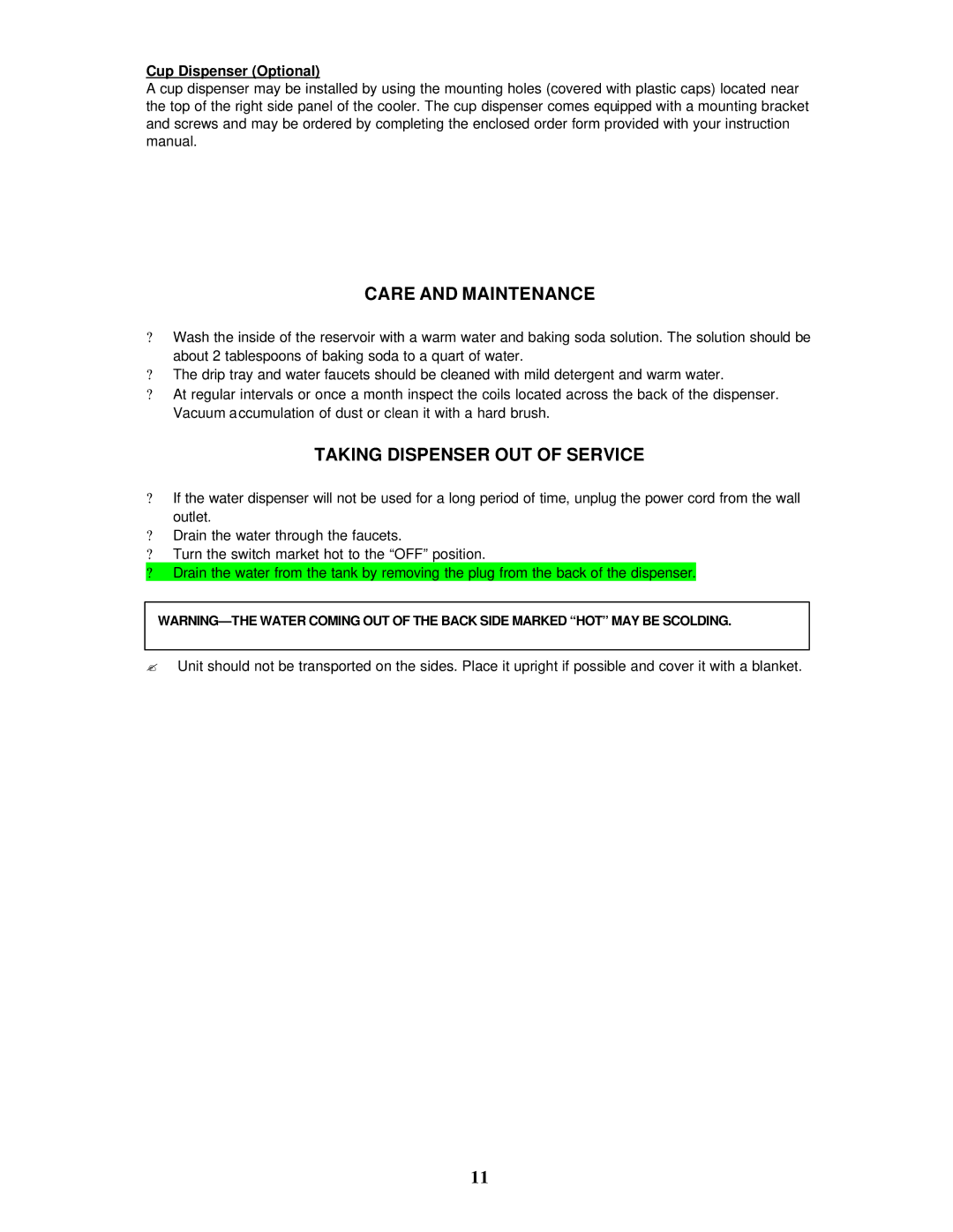 Avanti WD361 instruction manual Care and Maintenance, Taking Dispenser OUT of Service, Cup Dispenser Optional 