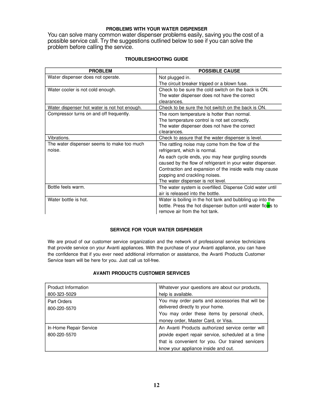 Avanti WD361 instruction manual Problems with Your Water Dispenser, Troubleshooting Guide, Problem Possible Cause 