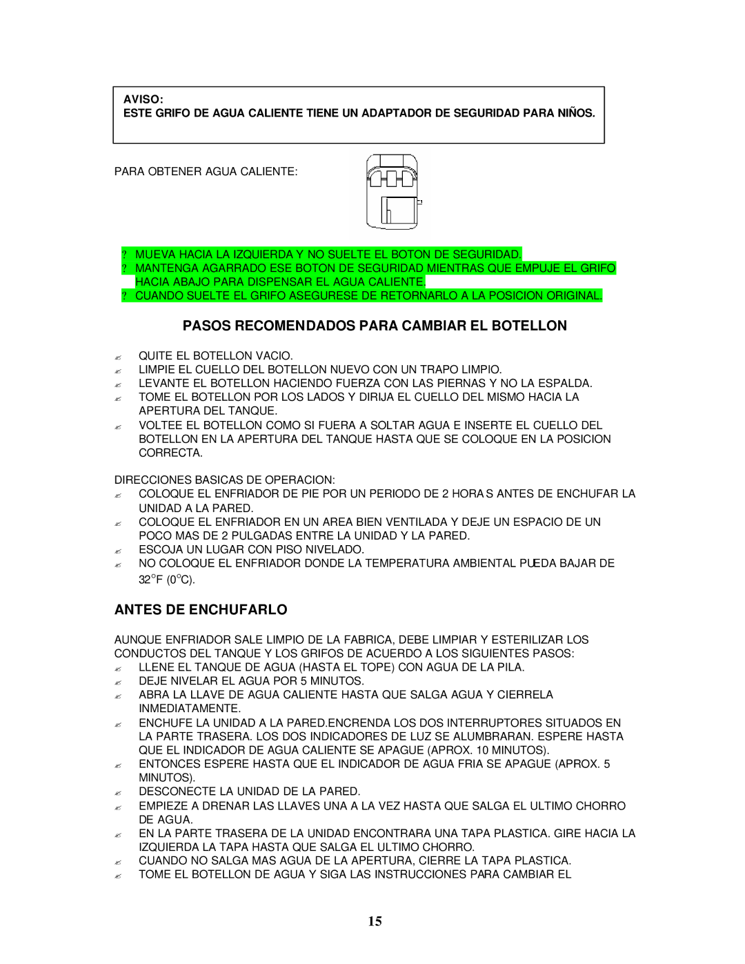 Avanti WD361 instruction manual Pasos Recomendados Para Cambiar EL Botellon, Antes DE Enchufarlo 