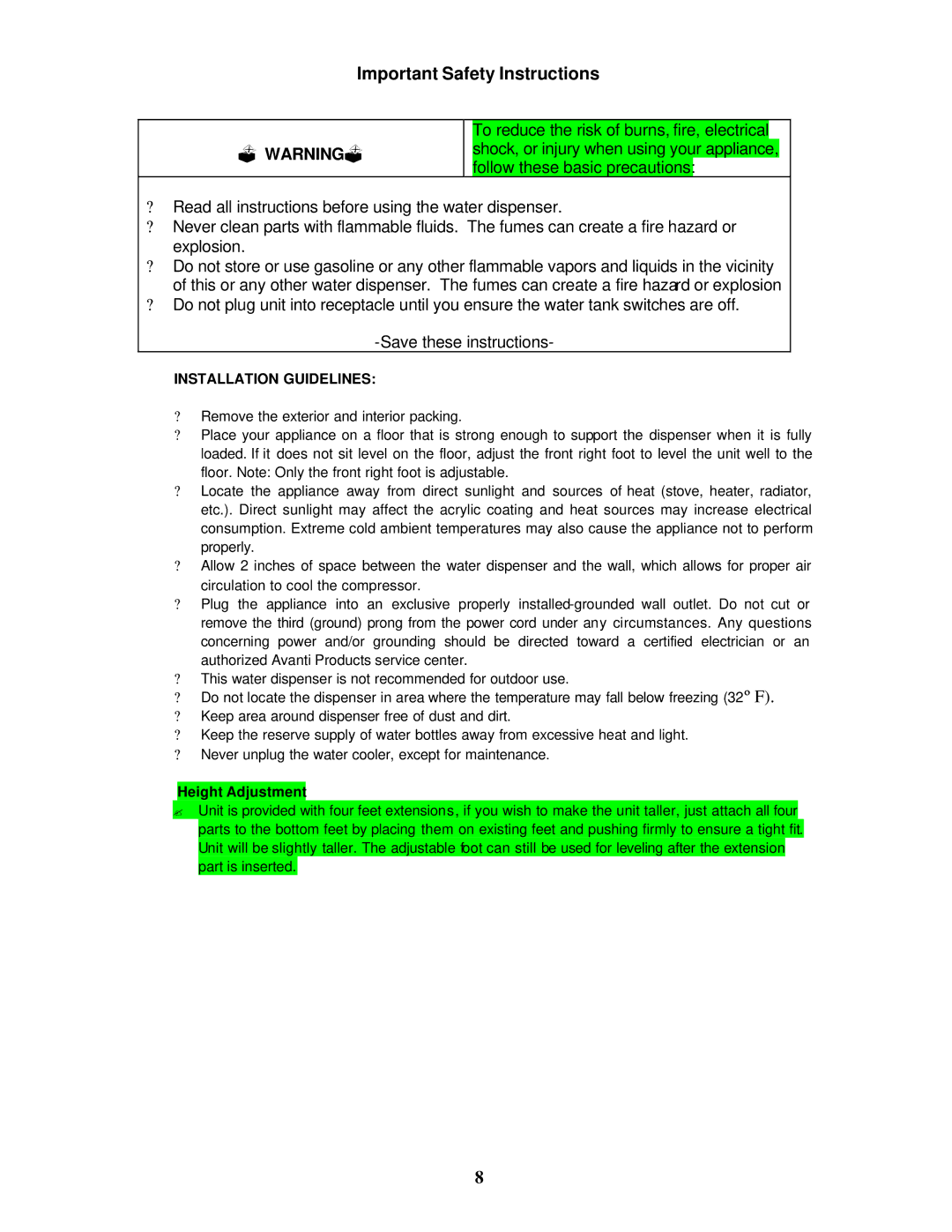 Avanti WD361 instruction manual Installation Guidelines, Height Adjustment 