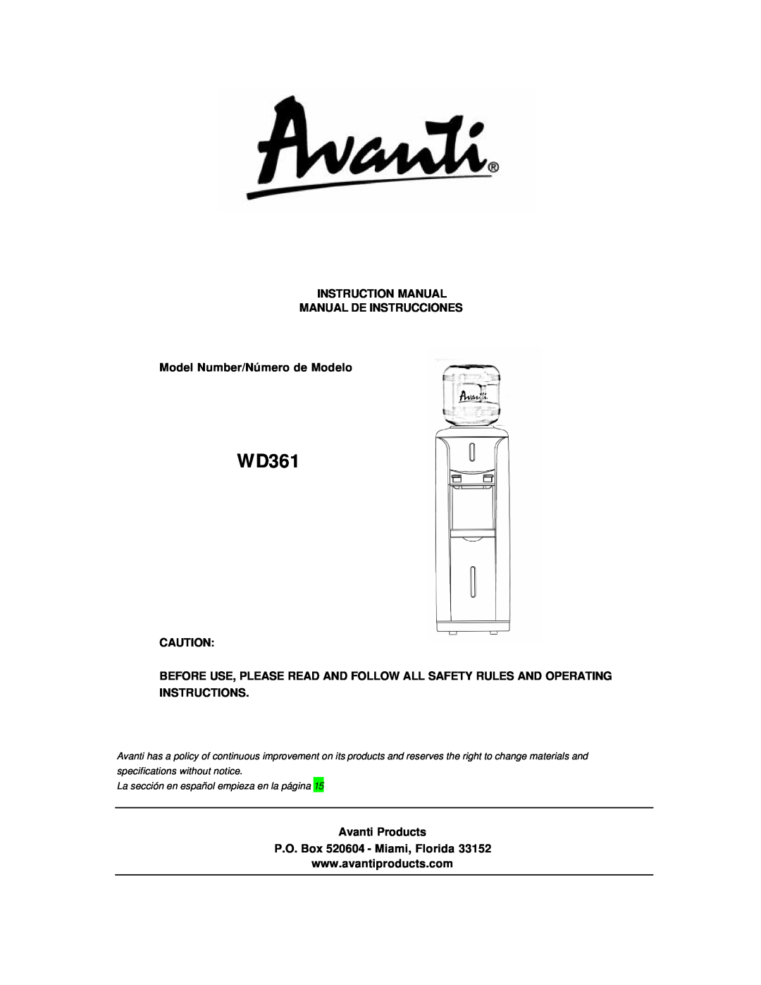 Avanti WD361 instruction manual Instruction Manual Manual De Instrucciones, Model Number/Número de Modelo 