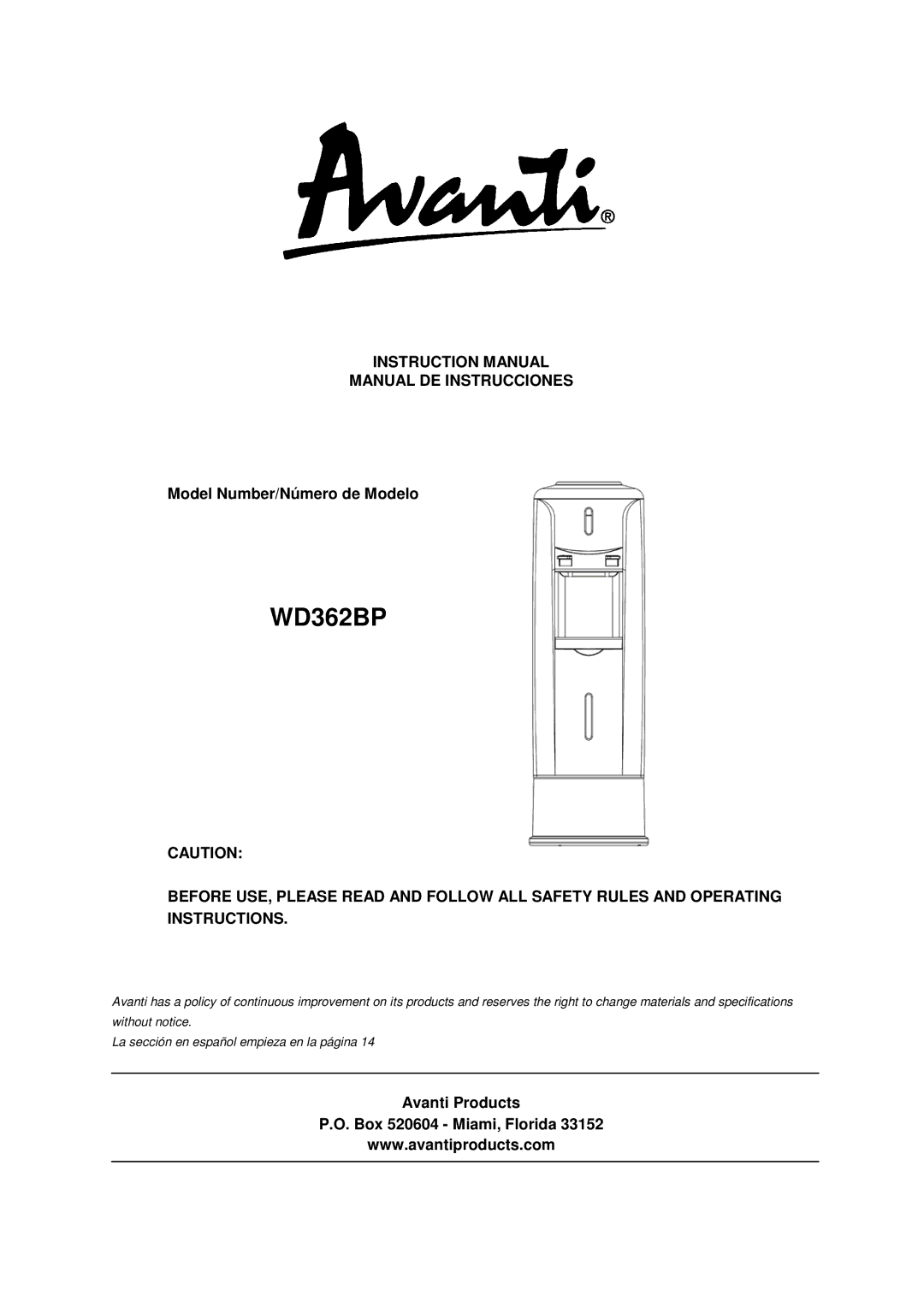 Avanti WD362BP instruction manual Manual DE Instrucciones, Model Number/Número de Modelo 