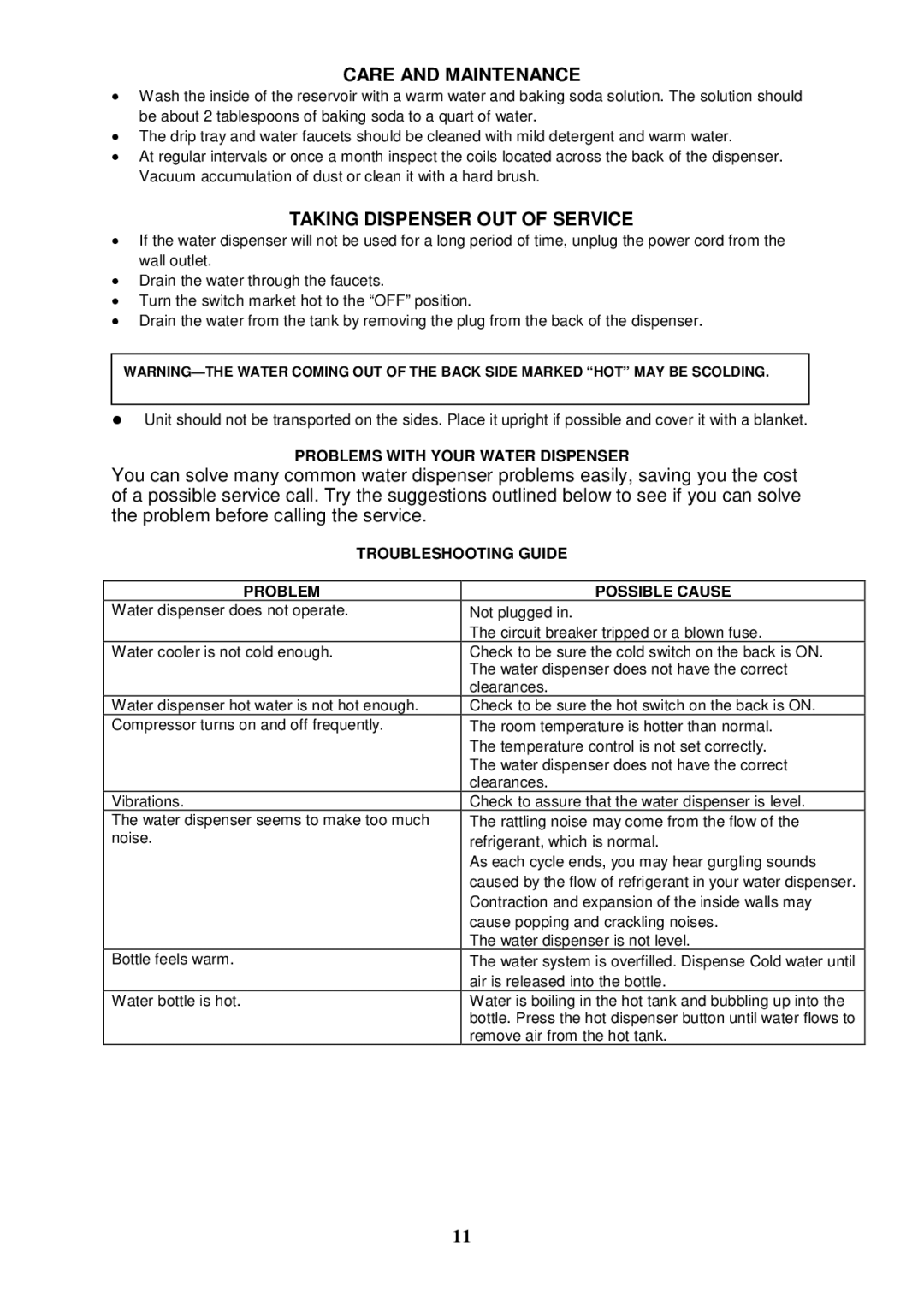 Avanti WD362BP instruction manual Care and Maintenance, Taking Dispenser OUT of Service, Problems with Your Water Dispenser 