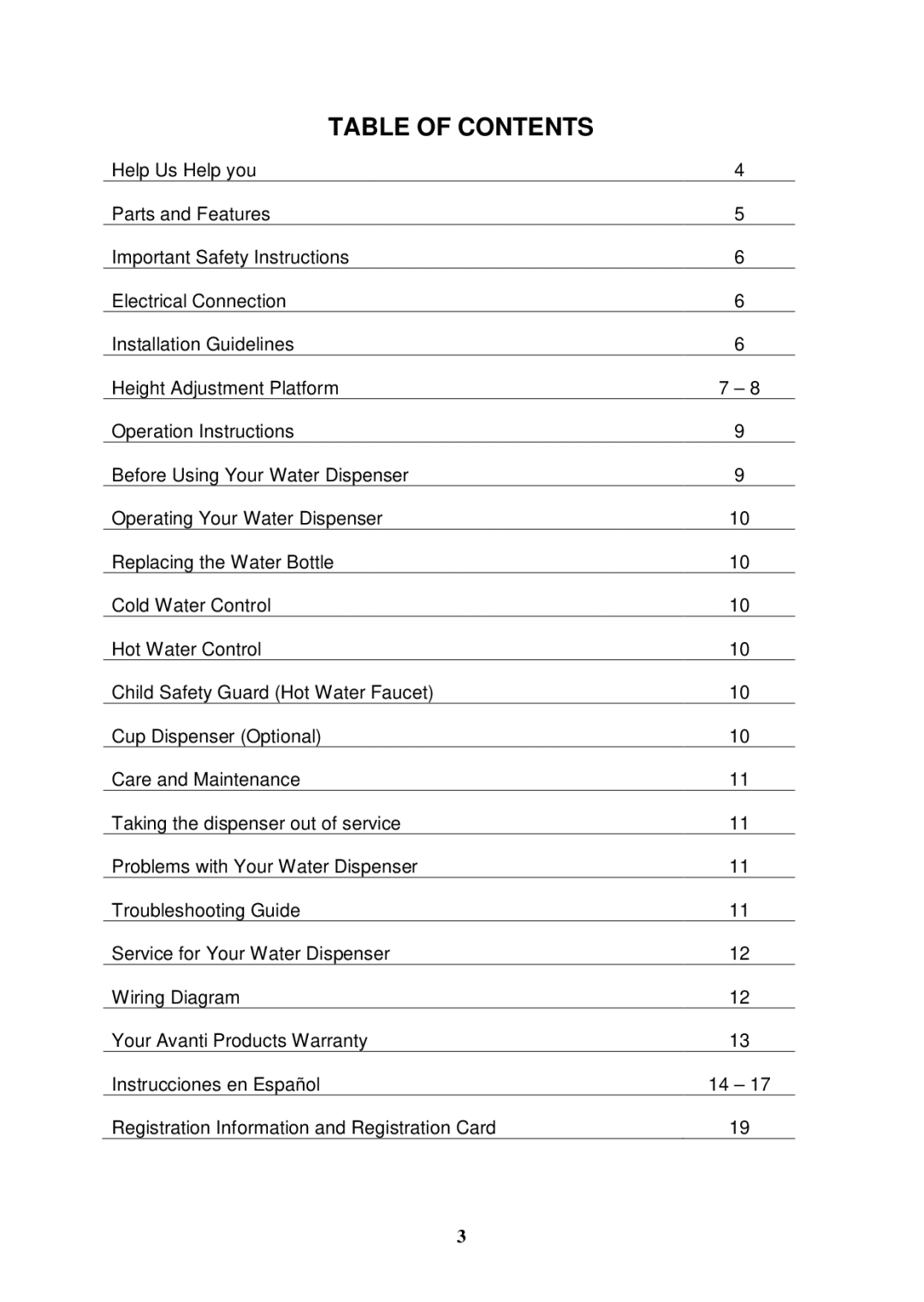 Avanti WD362BP instruction manual Table of Contents 