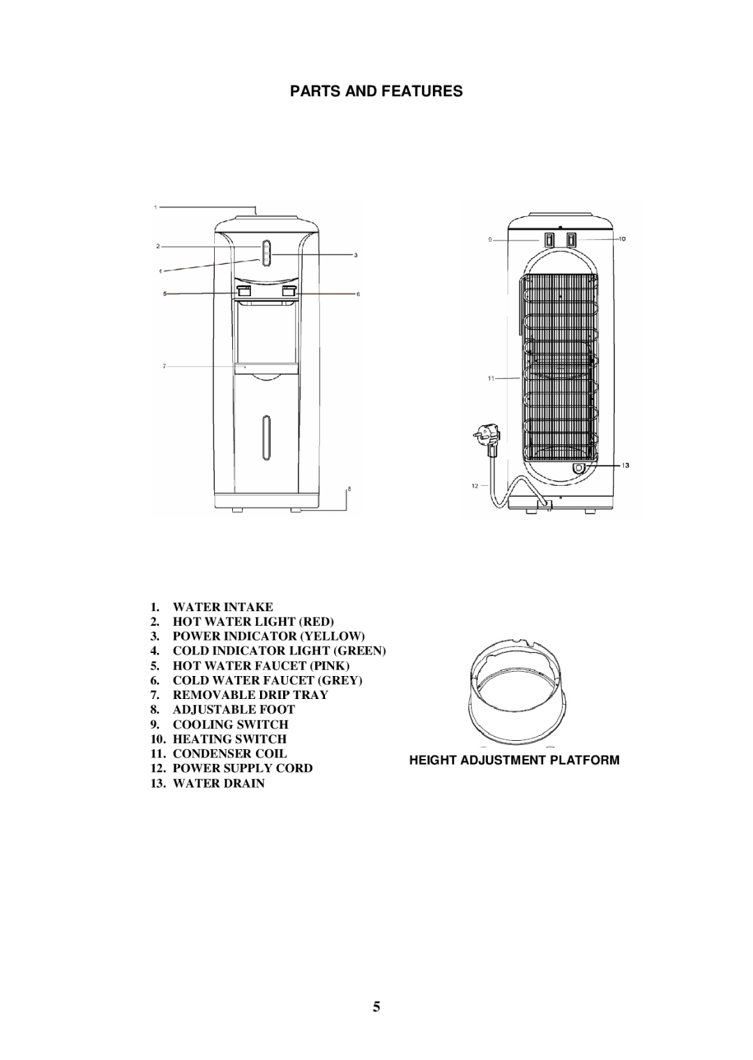 Avanti WD362BP instruction manual Parts and Features, Height Adjustment Platform 