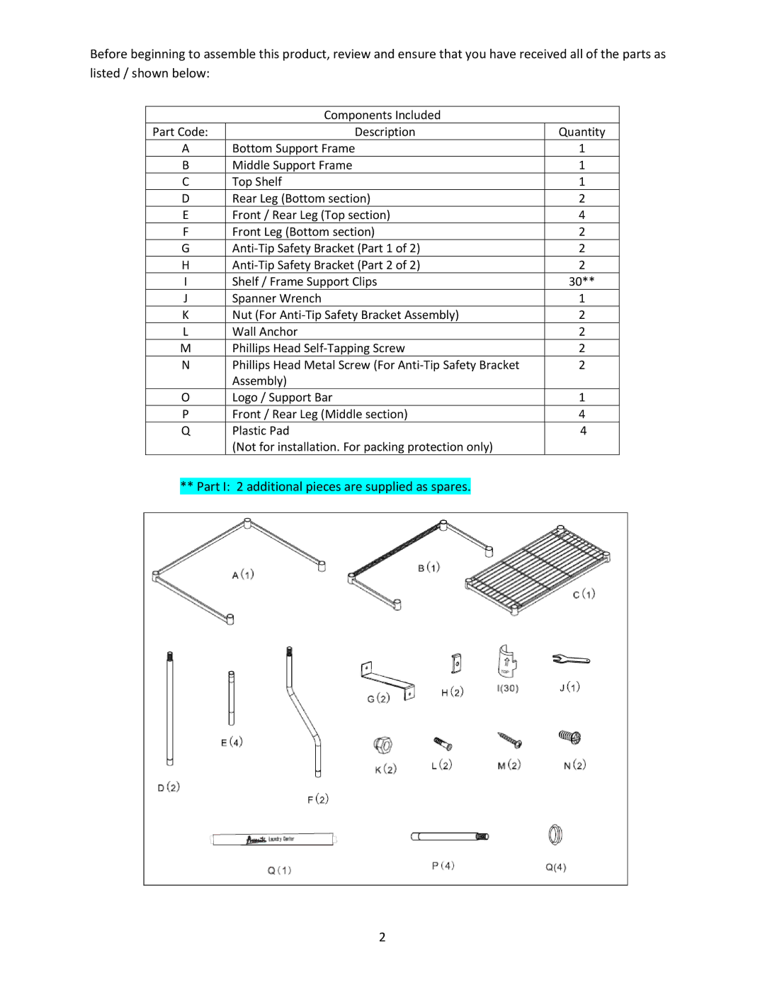 Avanti WDB101 instruction manual Part I 2 additional pieces are supplied as spares 