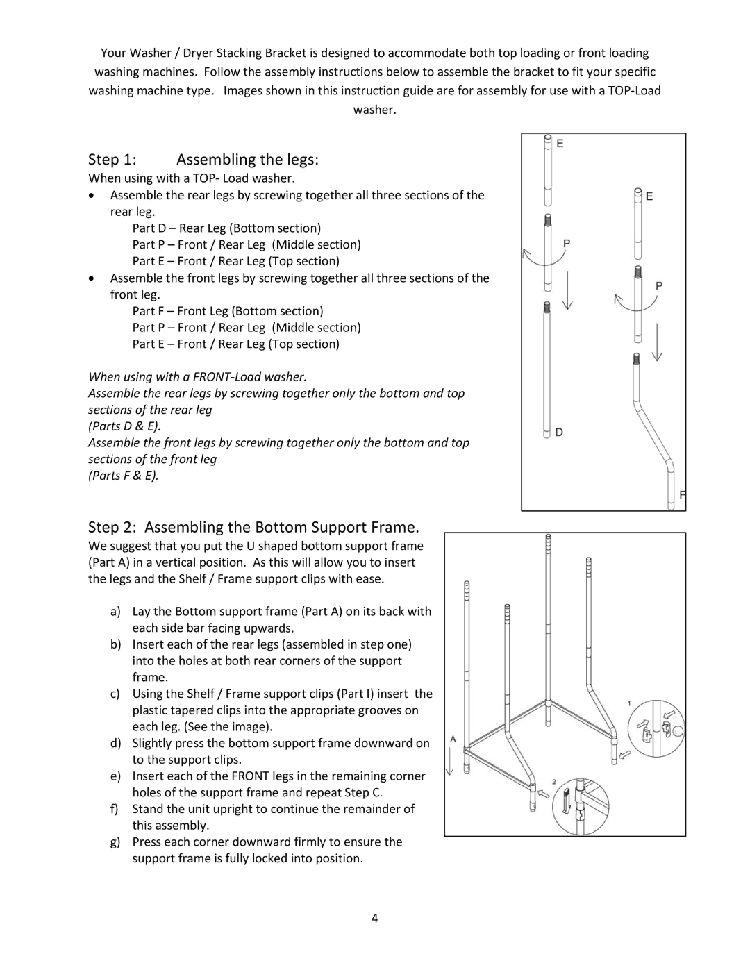 Avanti WDB101 instruction manual Assembling the legs, Assembling the Bottom Support Frame 