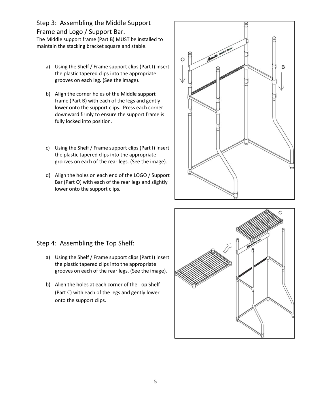 Avanti WDB101 instruction manual Assembling the Middle Support Frame and Logo / Support Bar, Assembling the Top Shelf 