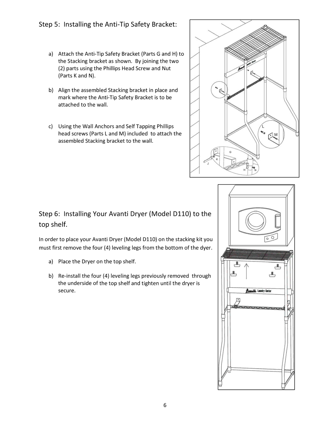 Avanti WDB101 Installing the Anti‐Tip Safety Bracket, Installing Your Avanti Dryer Model D110 to the top shelf 