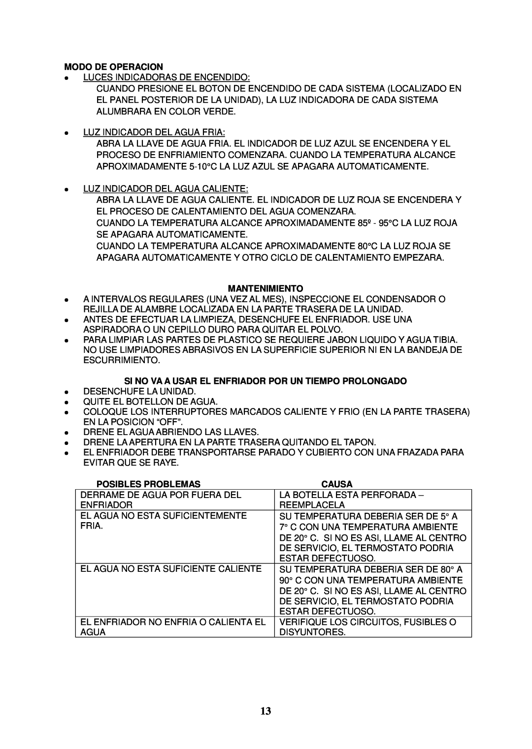 Avanti WDC750WIH instruction manual Modo De Operacion, Mantenimiento, Posibles Problemas, Causa 