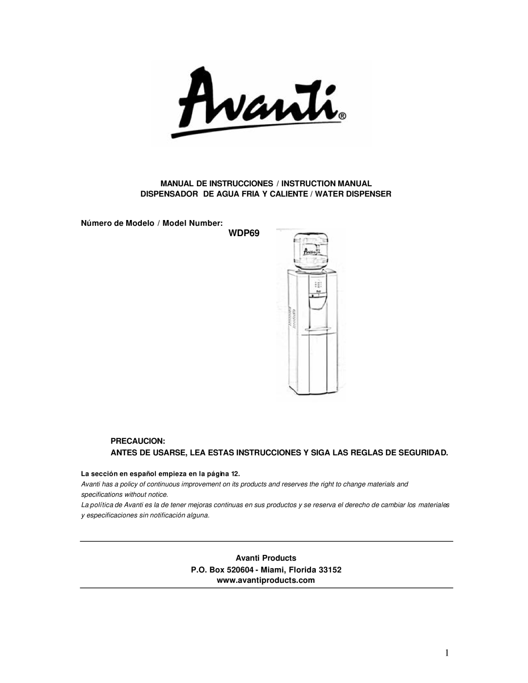 Avanti WDP69 instruction manual Dispensador DE Agua Fria Y Caliente / Water Dispenser, Número de Modelo / Model Number 