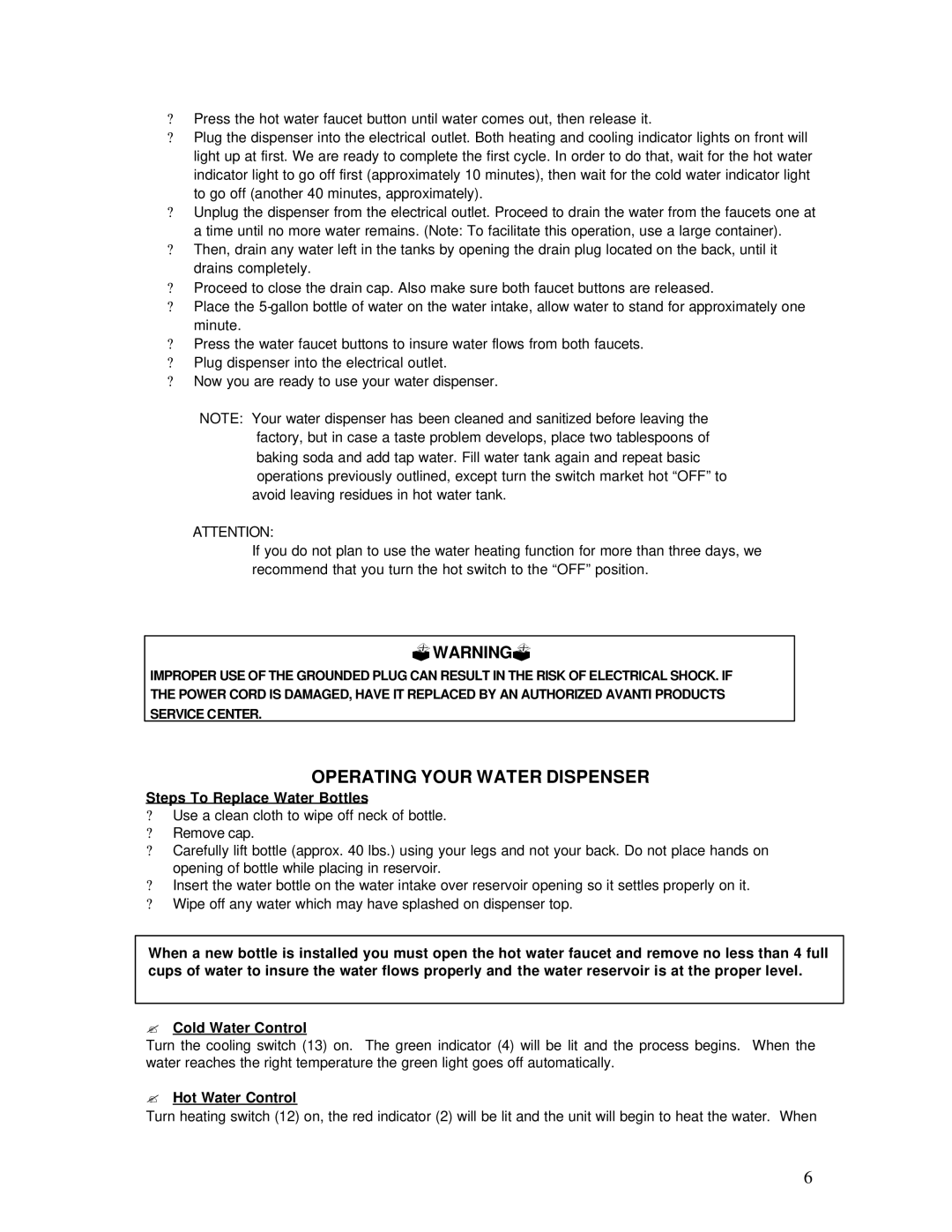 Avanti WDP69 Operating Your Water Dispenser, ?Warning?, Steps To Replace Water Bottles, ? Hot Water Control 