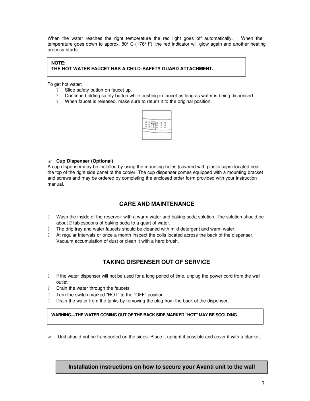Avanti WDP69 Care and Maintenance, Taking Dispenser OUT of Service, HOT Water Faucet has a CHILD-SAFETY Guard Attachment 