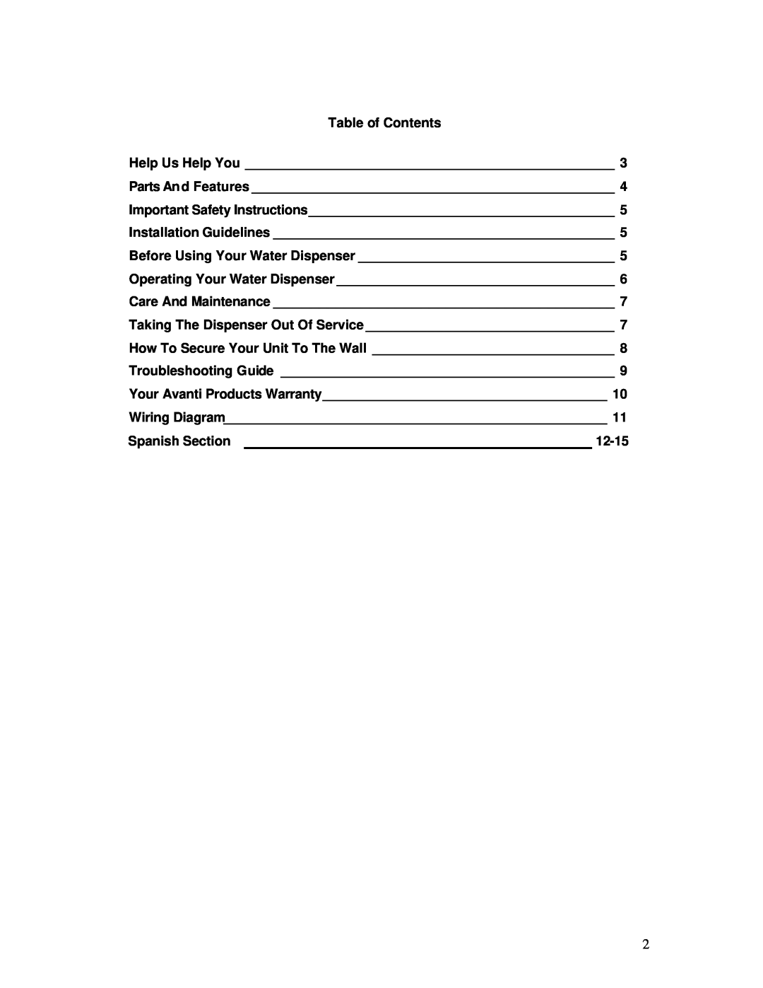 Avanti WDP69 instruction manual Table of Contents 