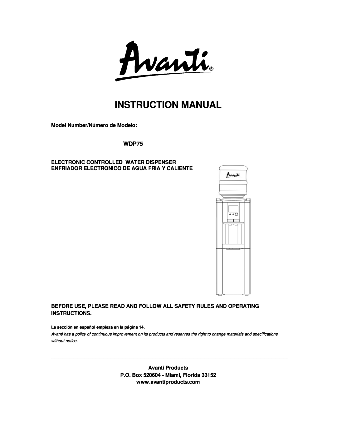 Avanti WDP75 instruction manual Model Number/Número de Modelo, Electronic Controlled Water Dispenser 