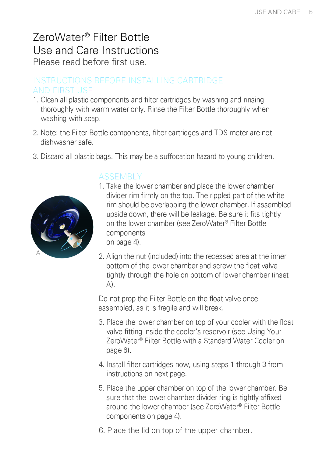 Avanti WDTZ000 instruction manual Instructions Before Installing Cartridge First USE, Assembly 