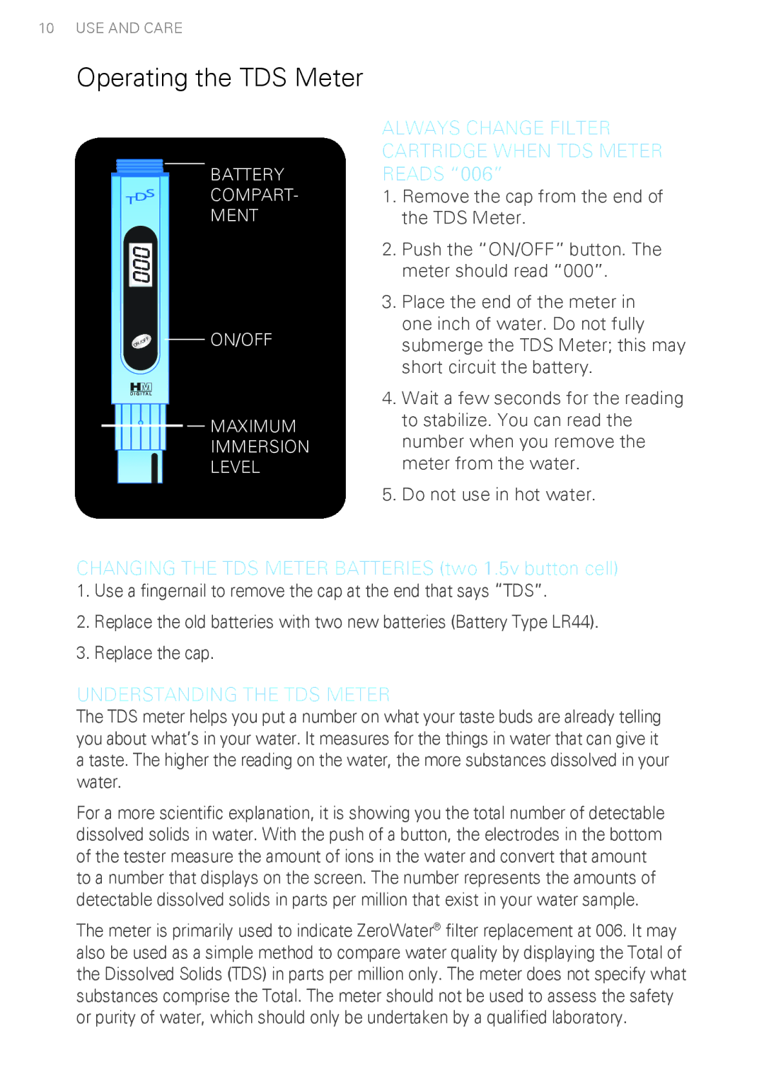 Avanti WDTZ000 instruction manual Always Change Filter Cartridge When TDS Meter Reads, Understanding the TDS Meter 