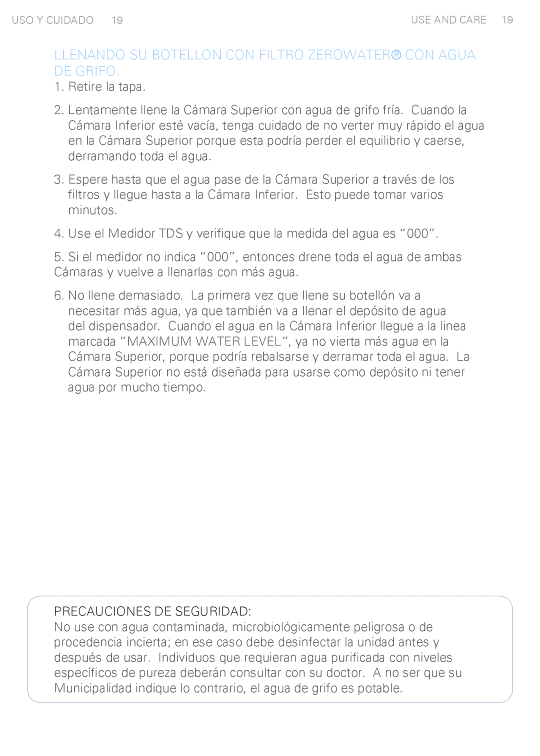 Avanti WDTZ000 instruction manual Llenando SU Botellon CON Filtro Zerowater CON Agua DE Grifo, Precauciones DE Seguridad 