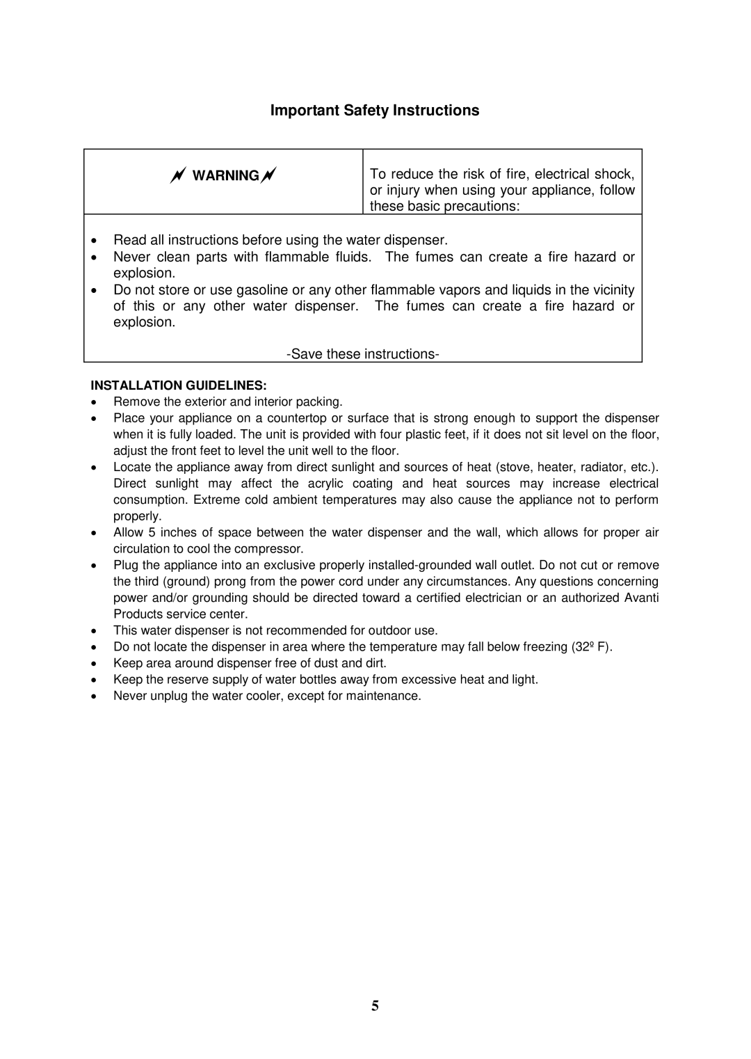 Avanti WDTZ000 instruction manual Important Safety Instructions, Installation Guidelines 