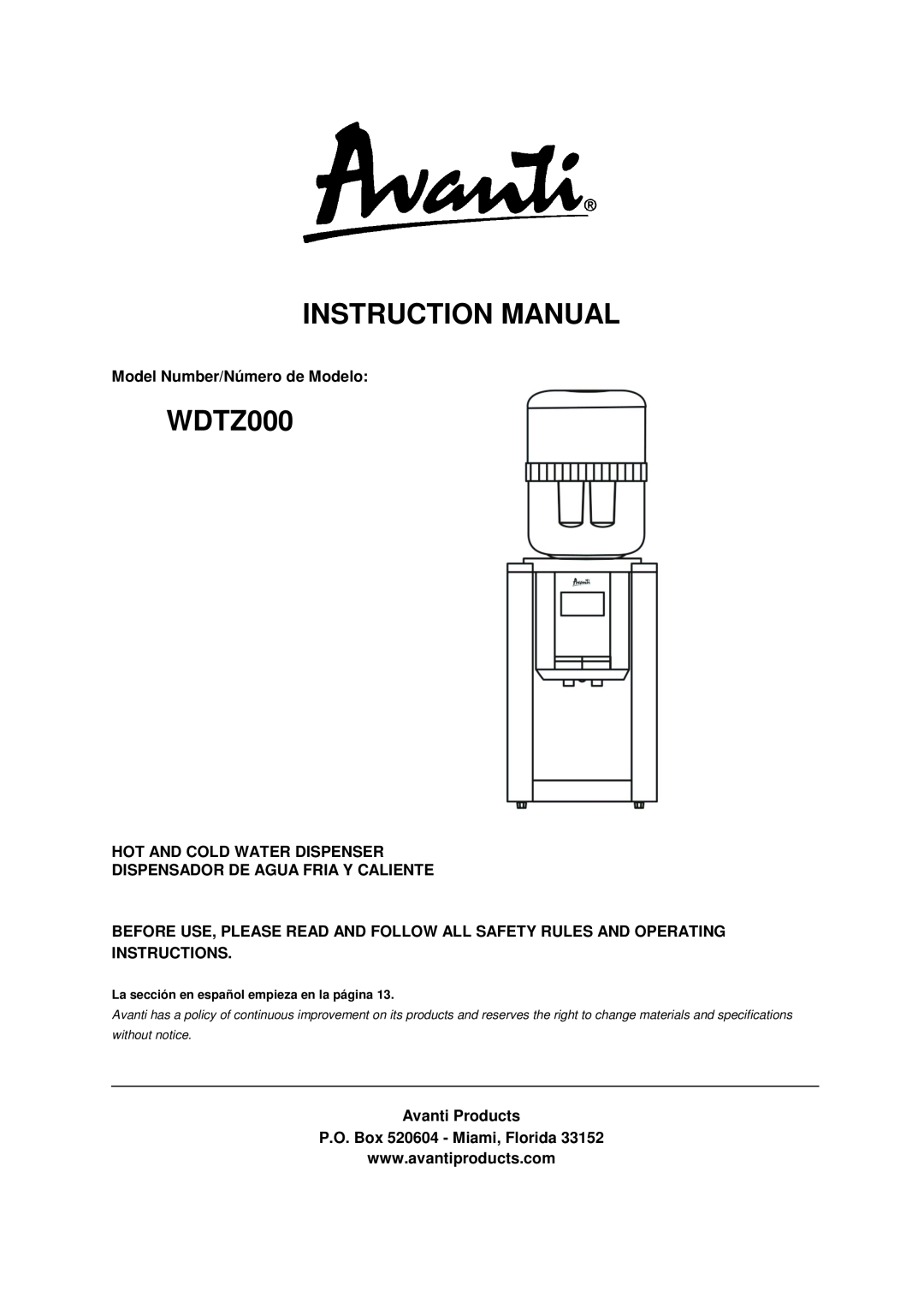 Avanti WDTZ000 instruction manual Model Number/Número de Modelo, Avanti Products P.O. Box 520604 - Miami, Florida 
