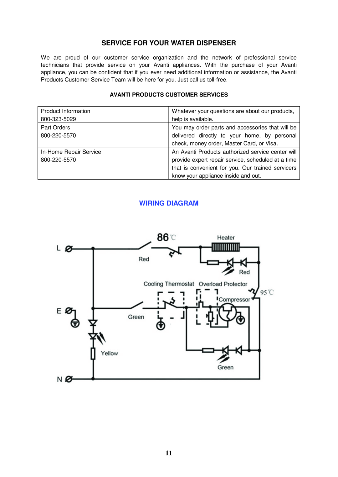 Avanti WDTZ000 instruction manual Wiring Diagram, Service For Your Water Dispenser, Avanti Products Customer Services 