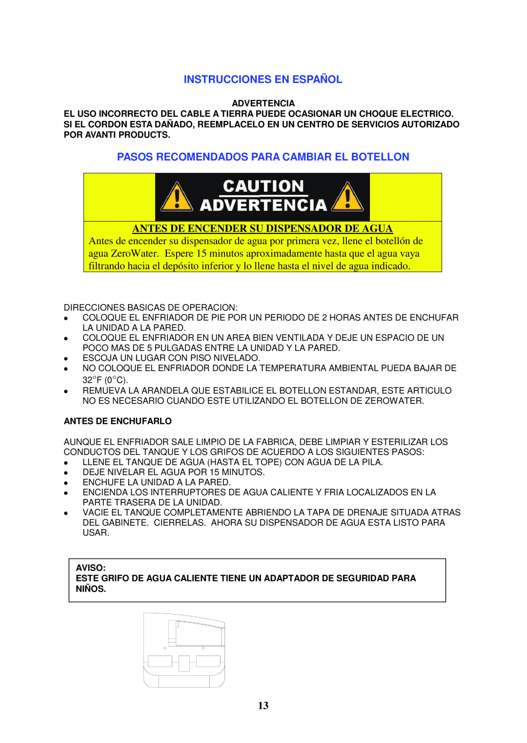 Avanti WDTZ000 Instrucciones En Español, Pasos Recomendados Para Cambiar El Botellon, Advertencia, Antes De Enchufarlo 
