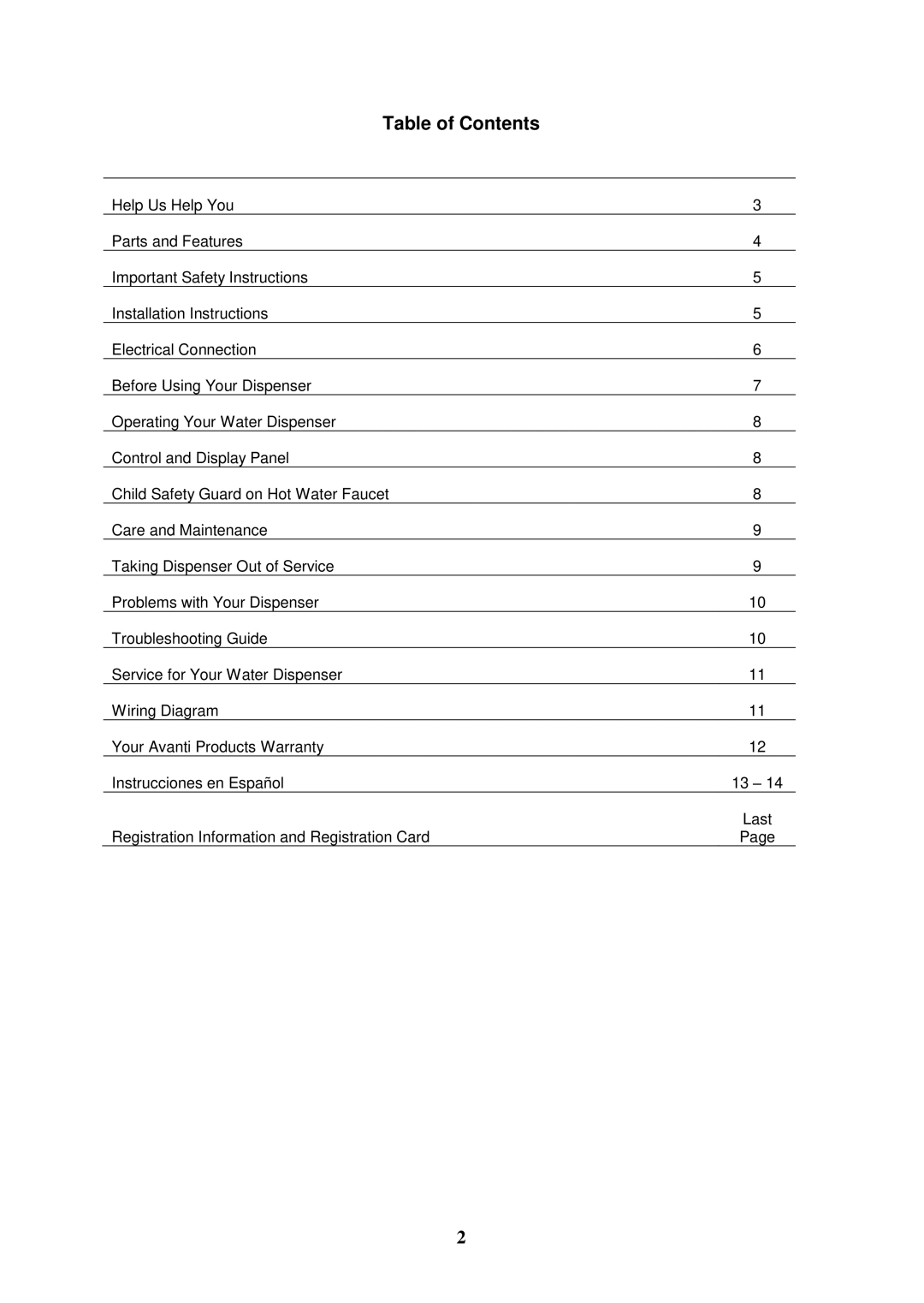 Avanti WDTZ000 instruction manual Table of Contents 