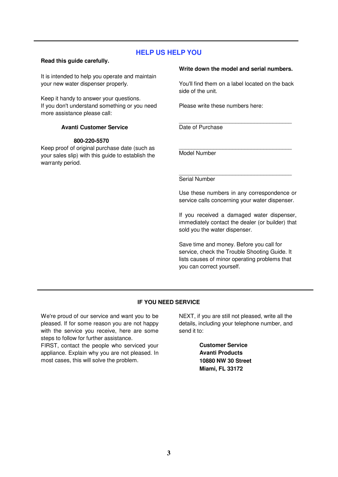 Avanti WDTZ000 instruction manual Help Us Help You, Read this guide carefully, Avanti Customer Service, If You Need Service 