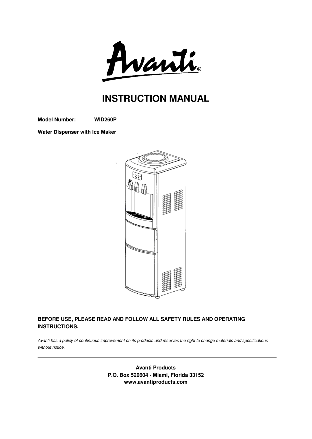 Avanti WID260P instruction manual Model Number, Water Dispenser with Ice Maker, Avanti Products Box 520604 Miami, Florida 