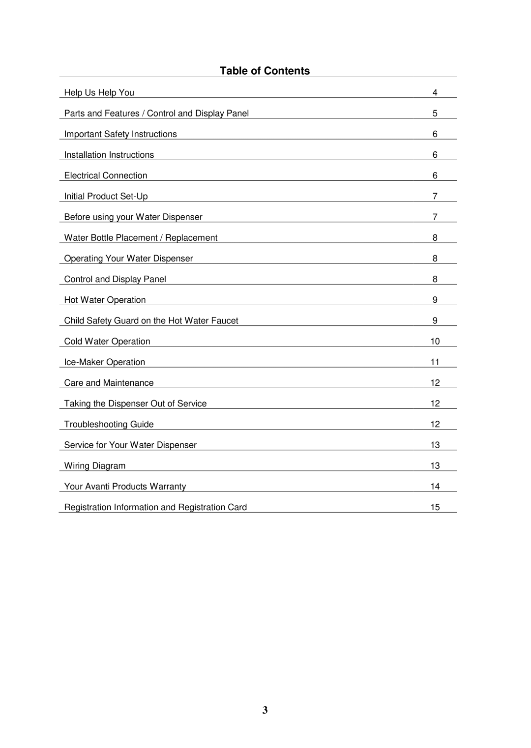 Avanti WID260P instruction manual Table of Contents 