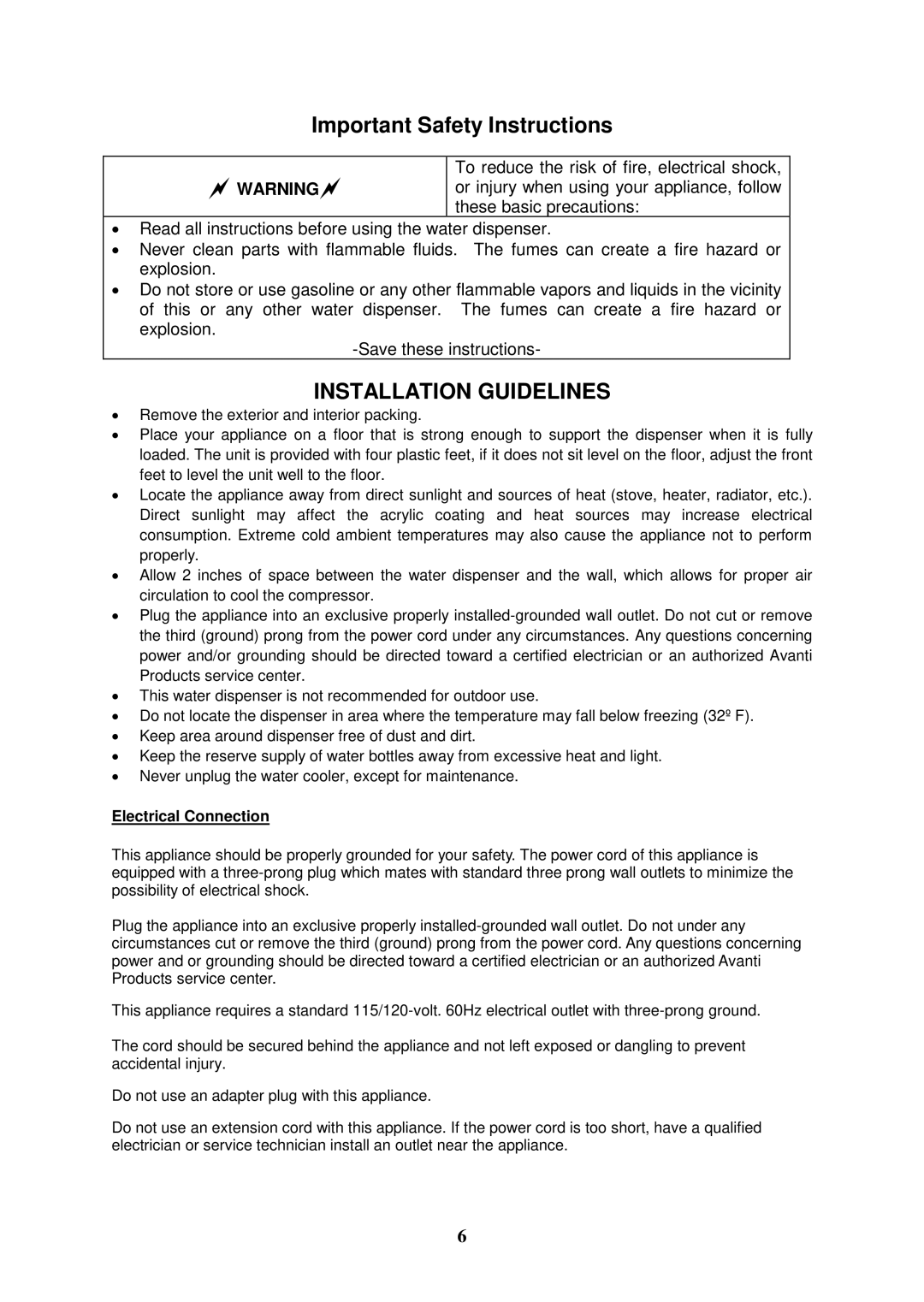 Avanti WID260P instruction manual Important Safety Instructions, Electrical Connection 