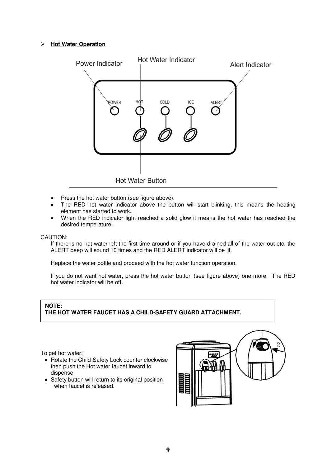 Avanti WID260P instruction manual  Hot Water Operation, HOT Water Faucet has a CHILD-SAFETY Guard Attachment 