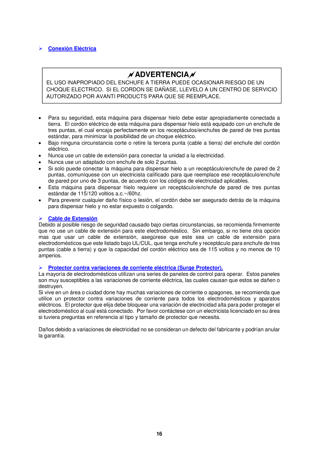 Avanti WIMD332PC-IS instruction manual  Conexión Eléctrica,  Cable de Extensión 