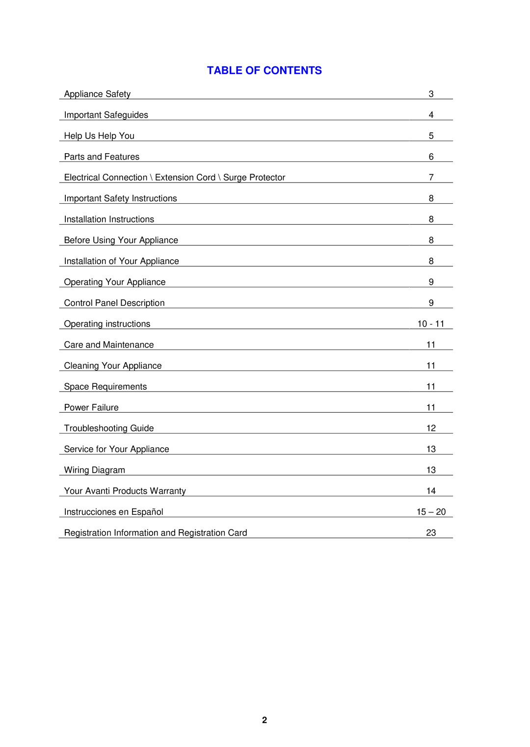 Avanti WIMD332PC-IS instruction manual Table of Contents 