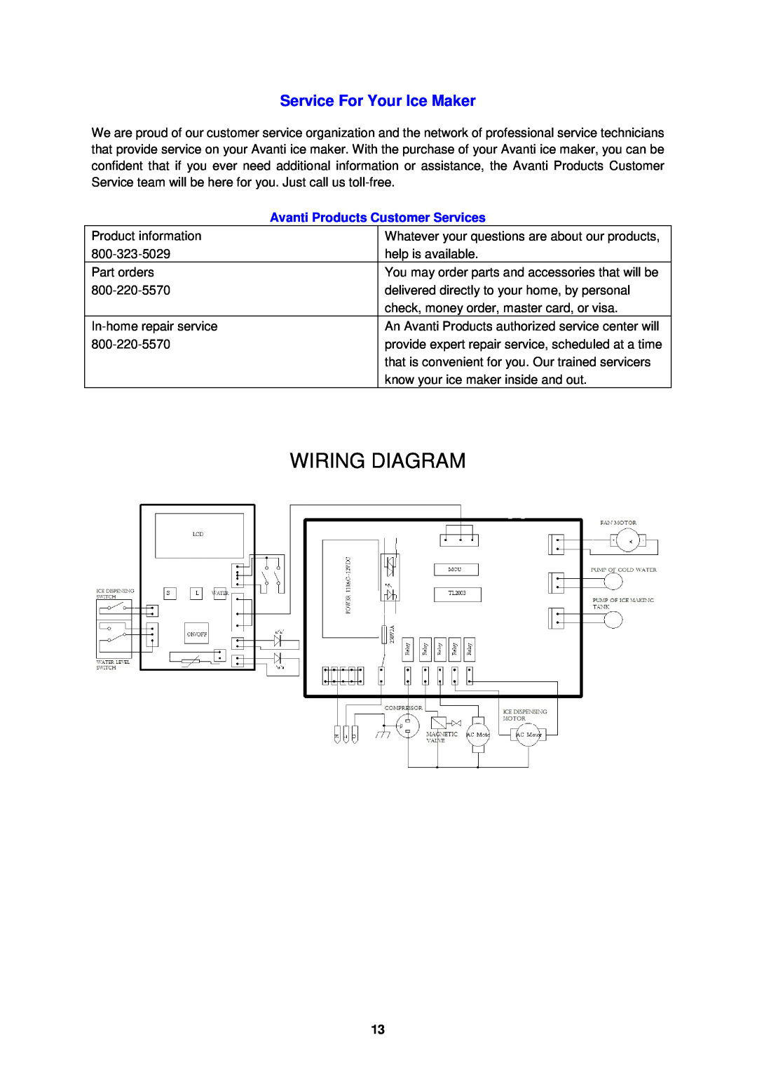 Avanti WIMD332PC-IS instruction manual Service For Your Ice Maker, Wiring Diagram, Avanti Products Customer Services 