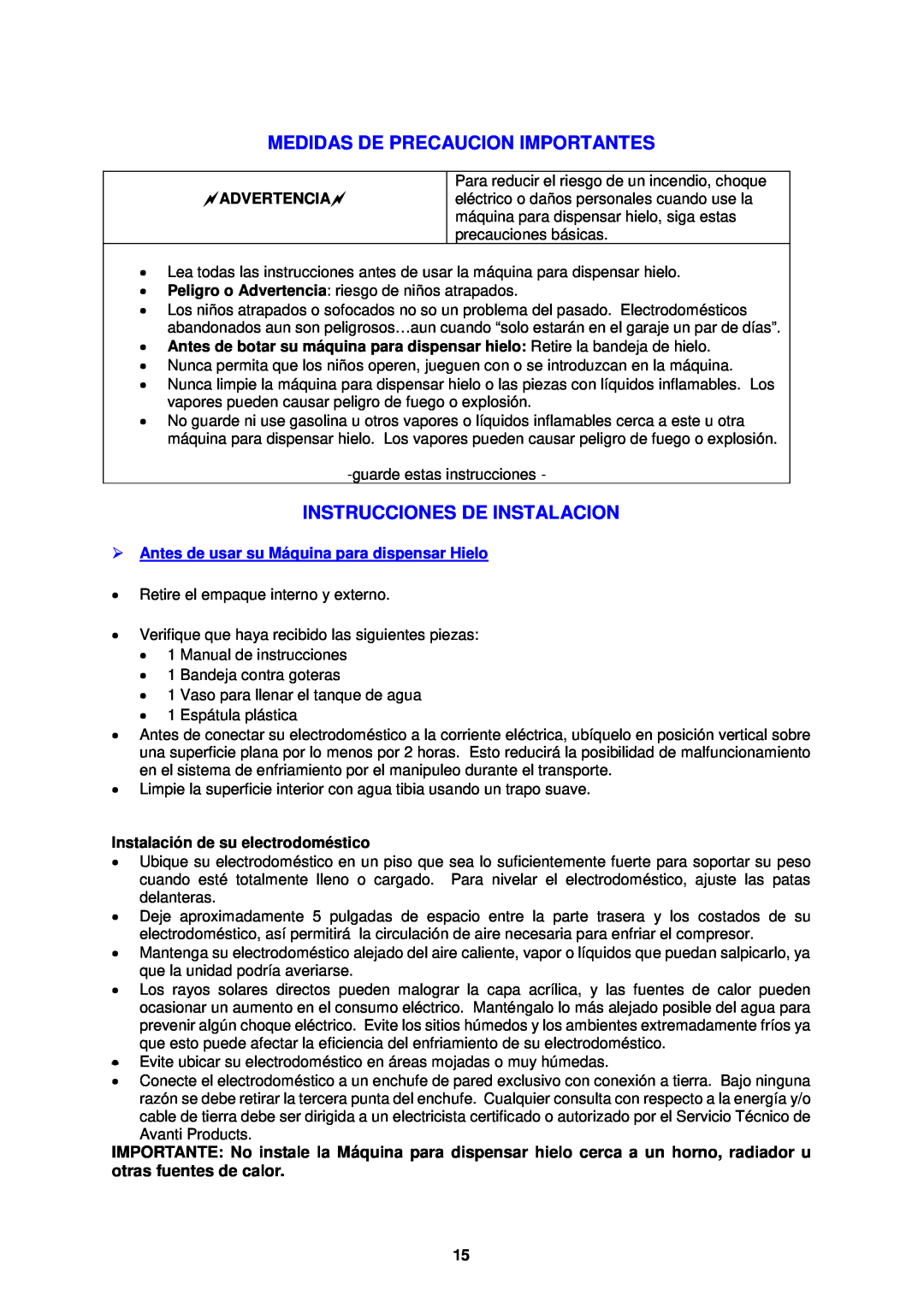 Avanti WIMD332PC-IS instruction manual Medidas De Precaucion Importantes, Instrucciones De Instalacion, Advertencia 