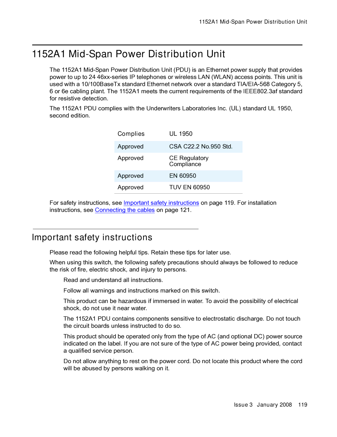 Avaya 03-300686 manual 1152A1 Mid-Span Power Distribution Unit, Important safety instructions 