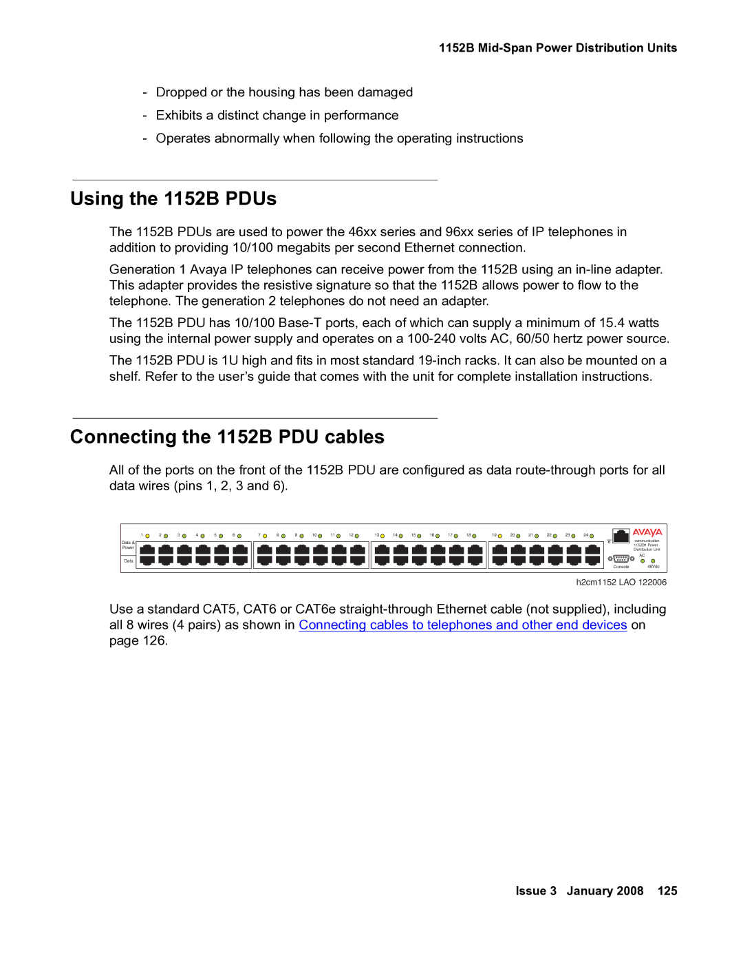 Avaya 03-300686 manual Using the 1152B PDUs, Connecting the 1152B PDU cables 