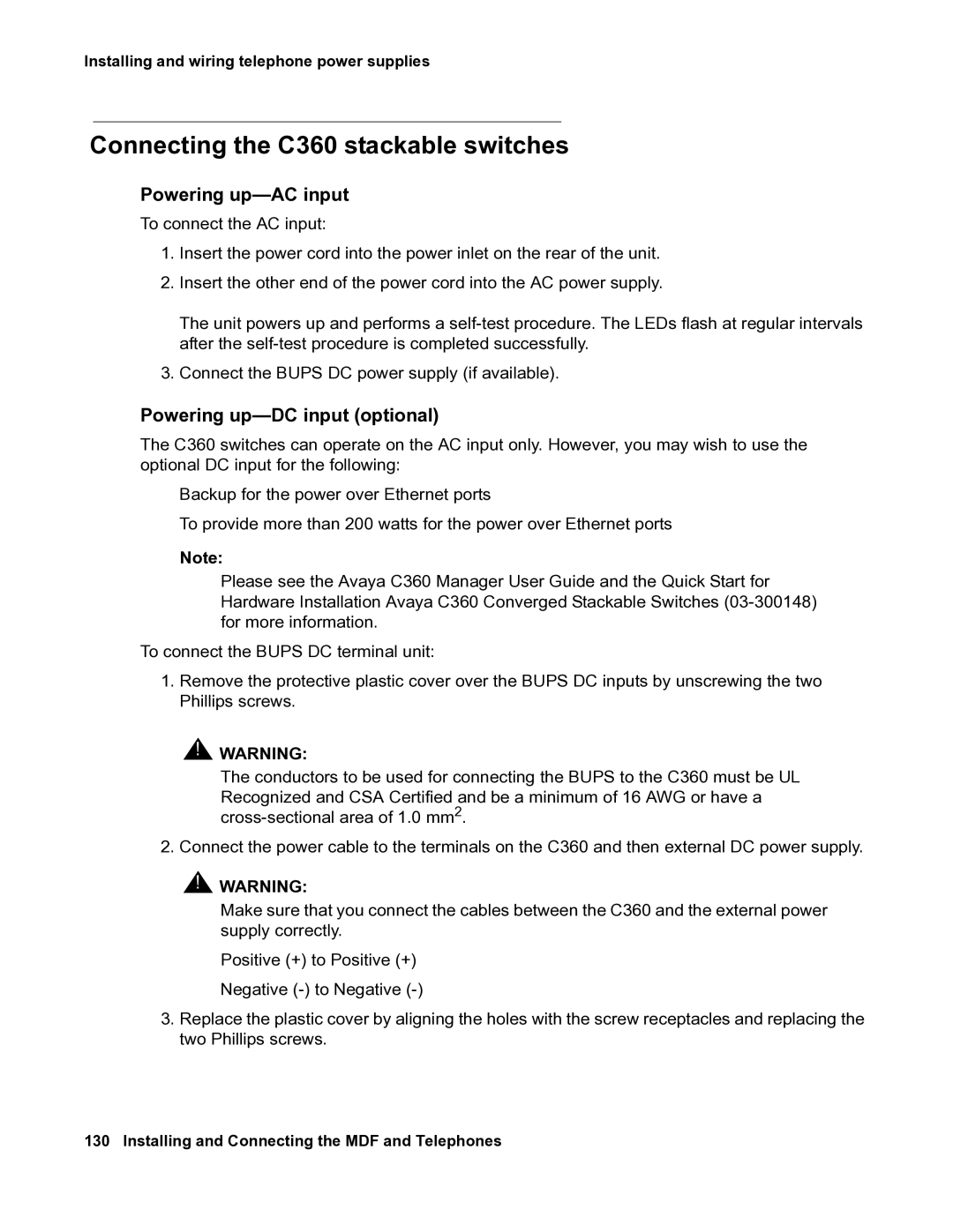 Avaya 03-300686 manual Connecting the C360 stackable switches, Powering up-AC input 