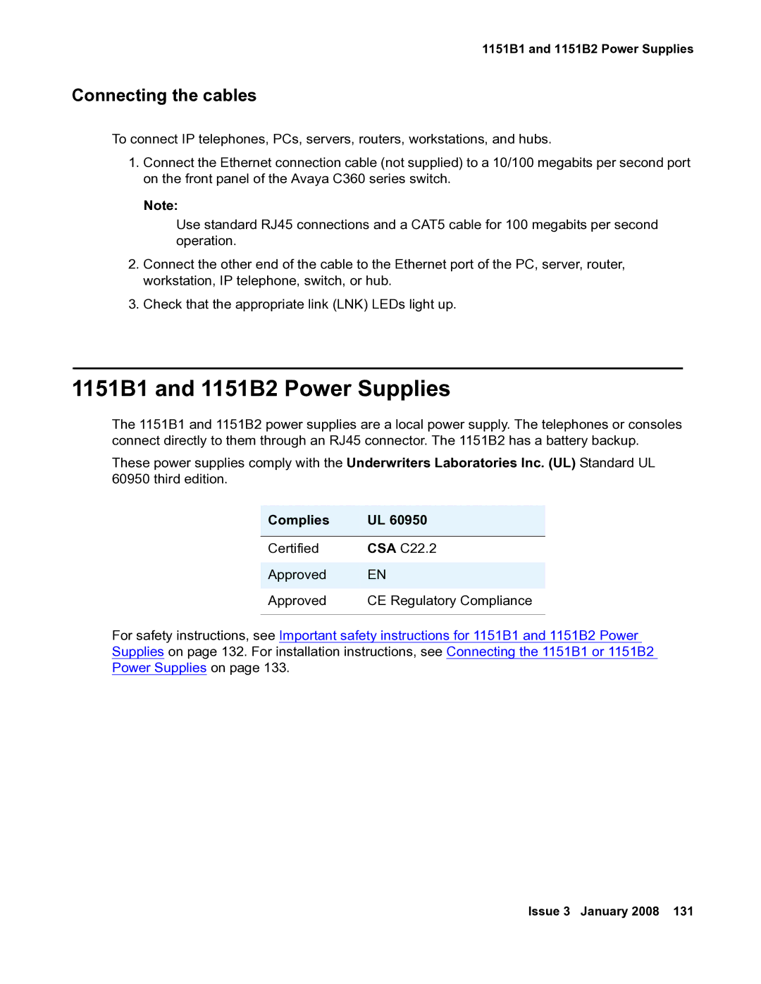 Avaya 03-300686 manual 1151B1 and 1151B2 Power Supplies, Connecting the cables 