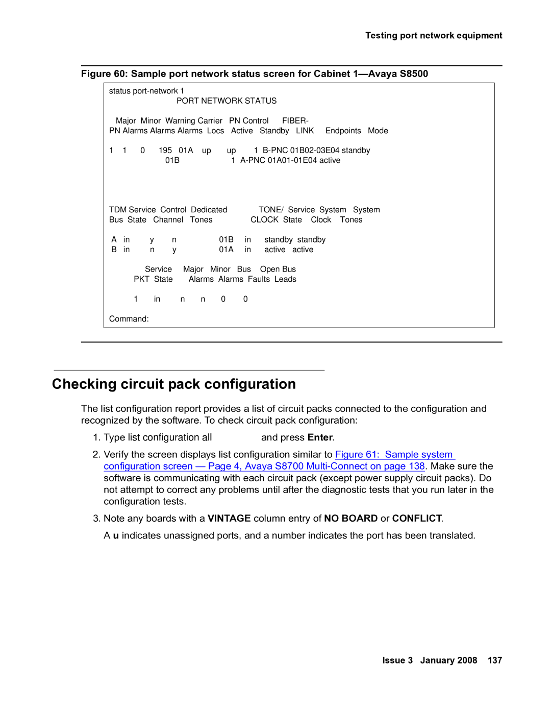 Avaya 03-300686 manual Checking circuit pack configuration, Testing port network equipment 