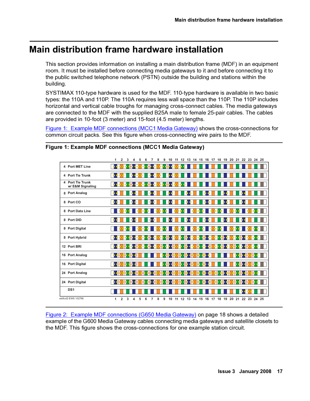 Avaya 03-300686 manual Main distribution frame hardware installation, Example MDF connections MCC1 Media Gateway 