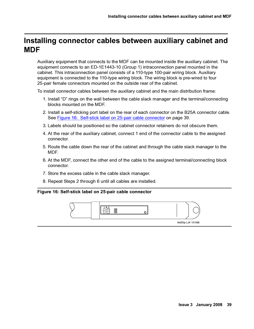 Avaya 03-300686 manual Installing connector cables between auxiliary cabinet, Mdf 