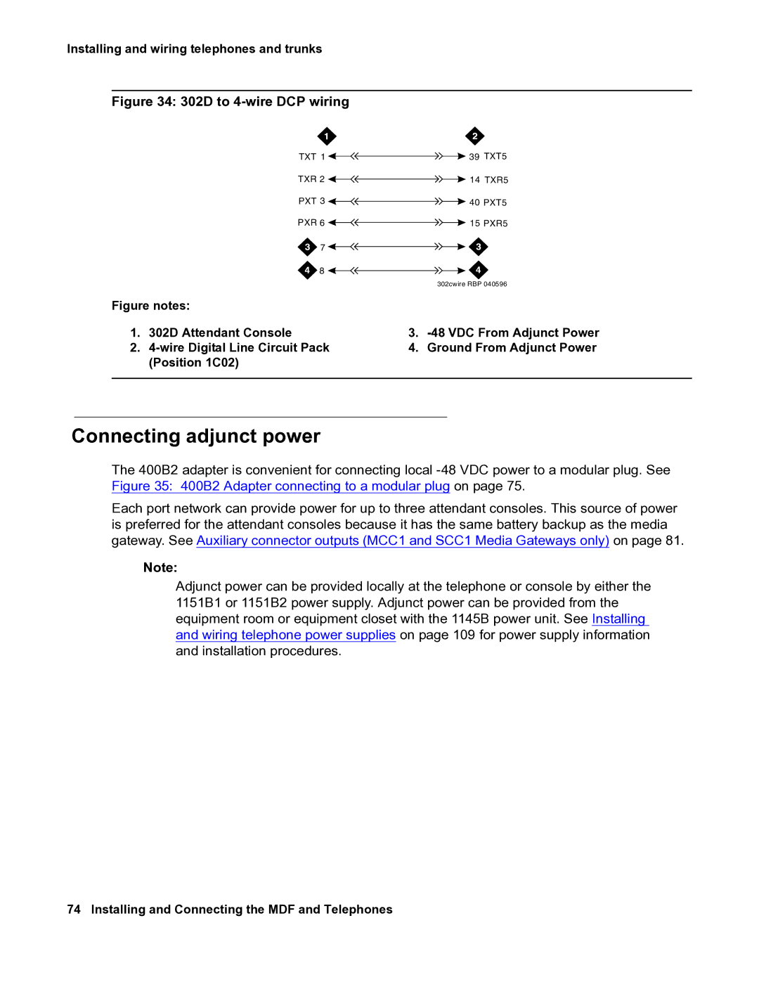 Avaya 03-300686 manual Connecting adjunct power, 302D to 4-wire DCP wiring 
