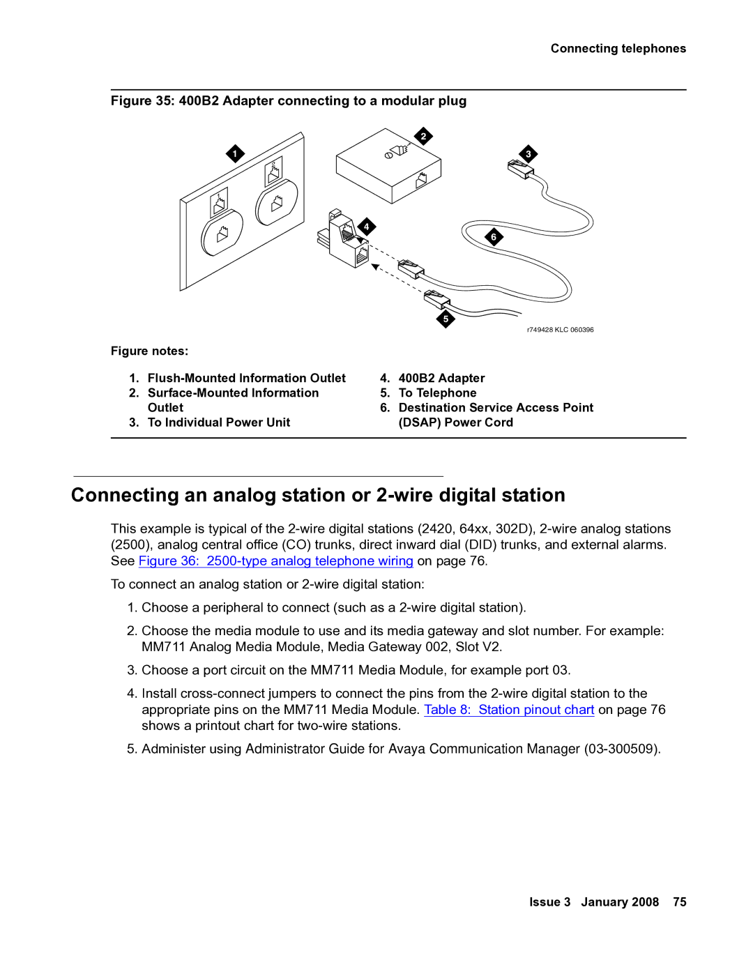 Avaya 03-300686 manual Connecting an analog station or 2-wire digital station, 400B2 Adapter connecting to a modular plug 